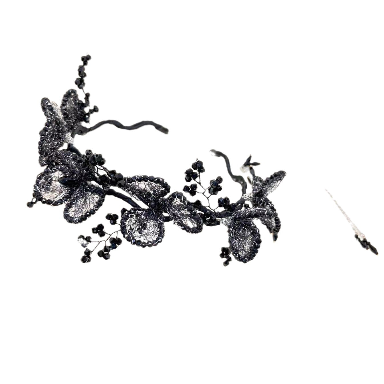 Handmade Knitted Black Bead Flower Headband