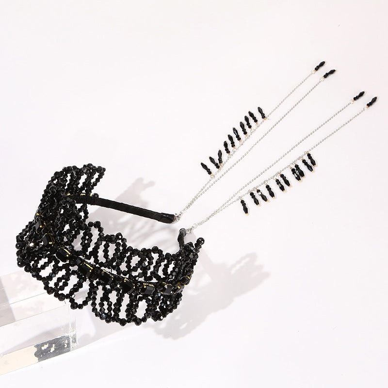 Luxurious Black Crystal Handmade Knitted Tassel Headband