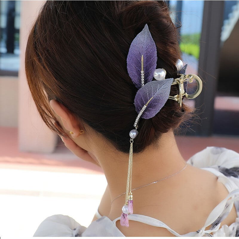 Vintage Leaves Pearl Tassel Large Hair Claw Clips