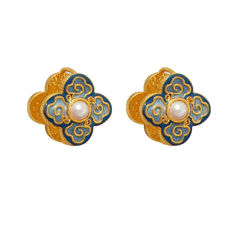 Vintage Cloud Clover Pearl Huggie Earrings