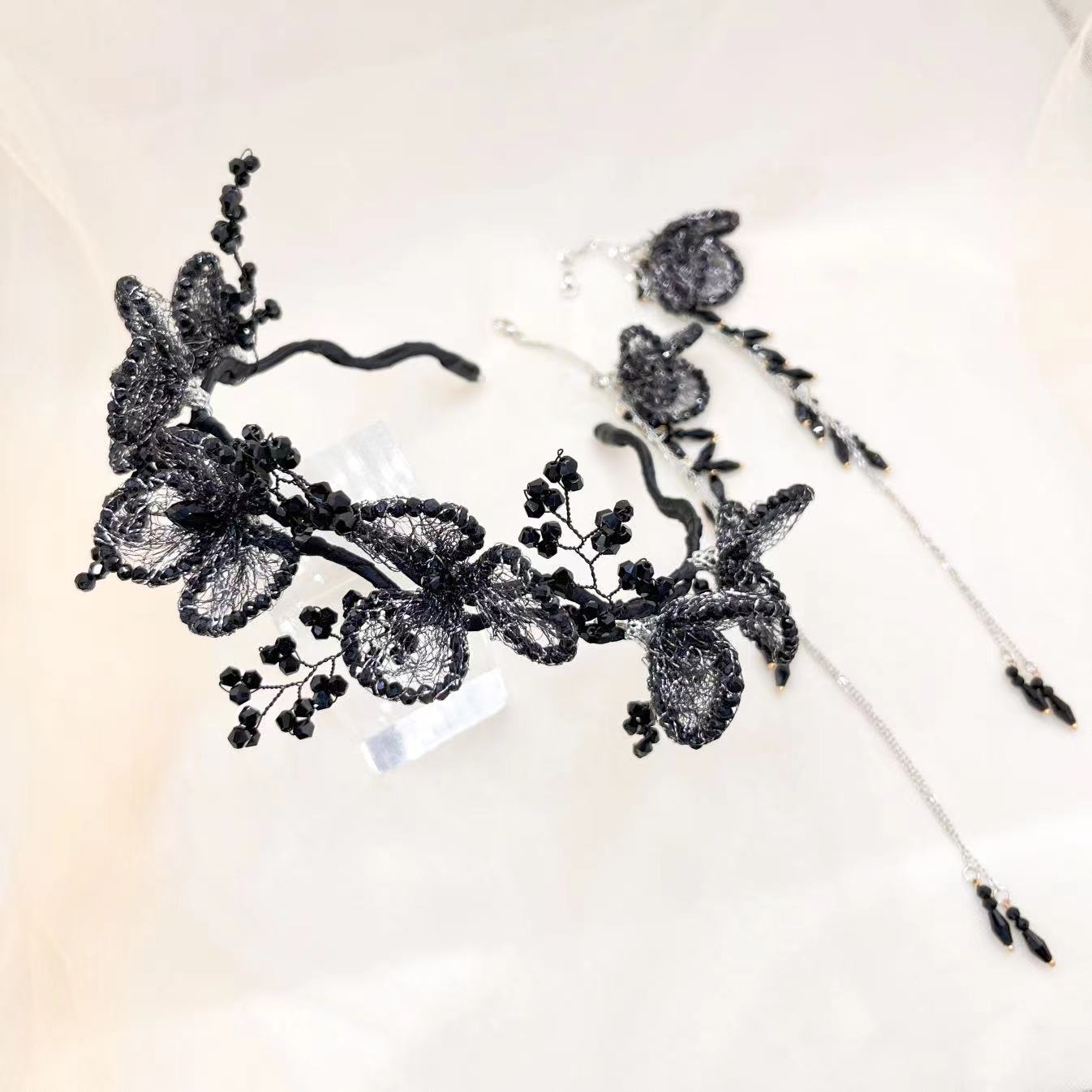 Handmade Knitted Black Bead Flower Headband