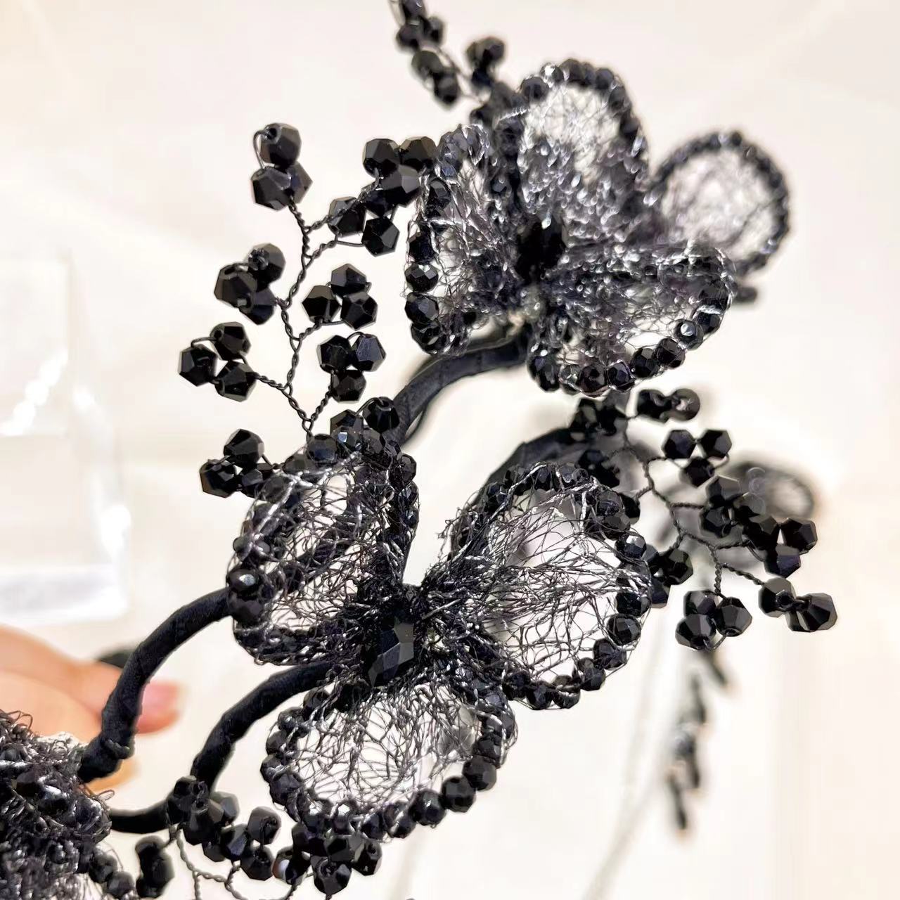 Handmade Knitted Black Bead Flower Headband