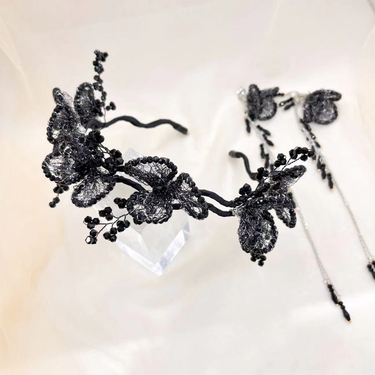 Handmade Knitted Black Bead Flower Headband