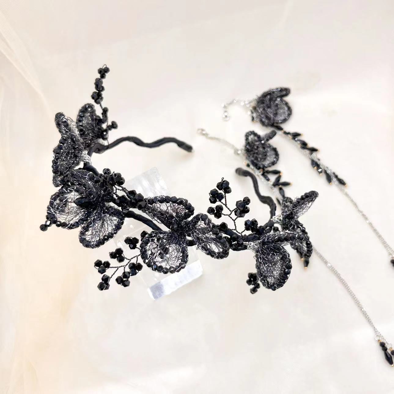 Handmade Knitted Black Bead Flower Headband
