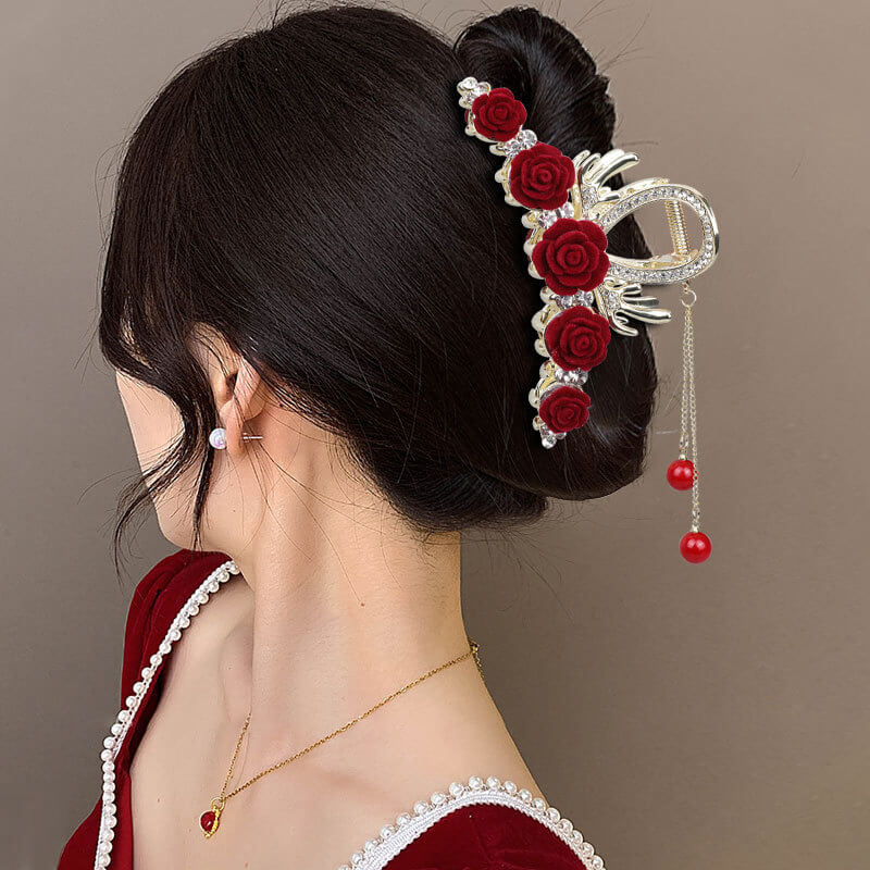Handmade Red Rose Diamond Hair Claw Clips