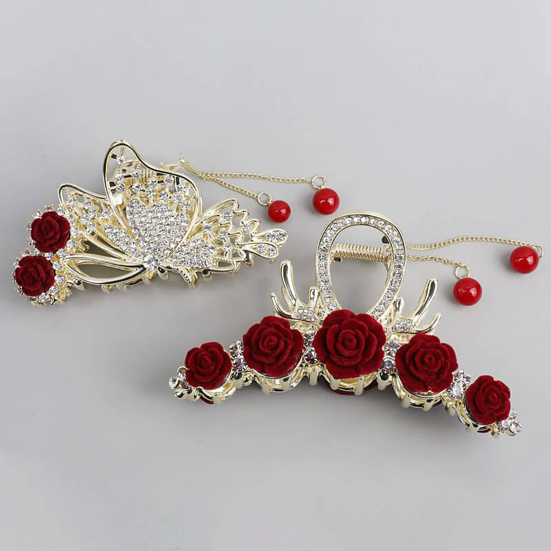 Handmade Red Rose Diamond Hair Claw Clips