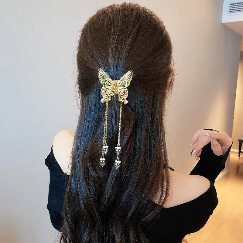Handmade Vintage Butterfly Crystal Tassel Hair Claw