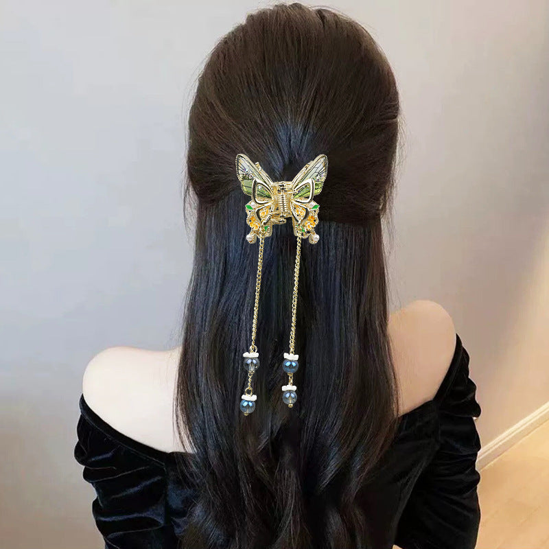 Handmade Vintage Butterfly Crystal Tassel Hair Claw