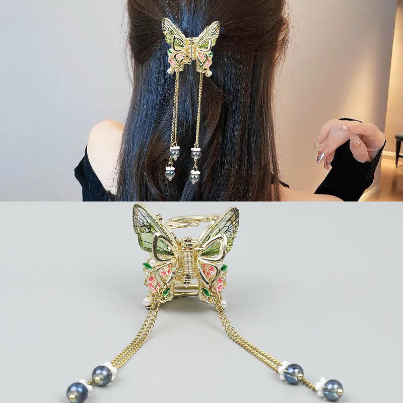 Handmade Vintage Butterfly Crystal Tassel Hair Claw
