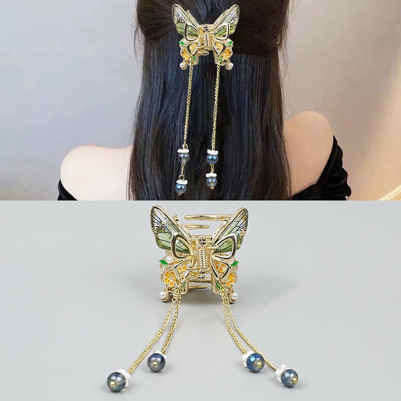 Handmade Vintage Butterfly Crystal Tassel Hair Claw