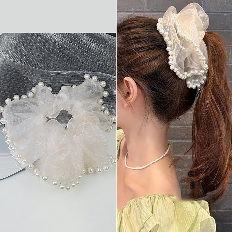 Large Mesh Pearl Ponytail Holder Hair Scruchies