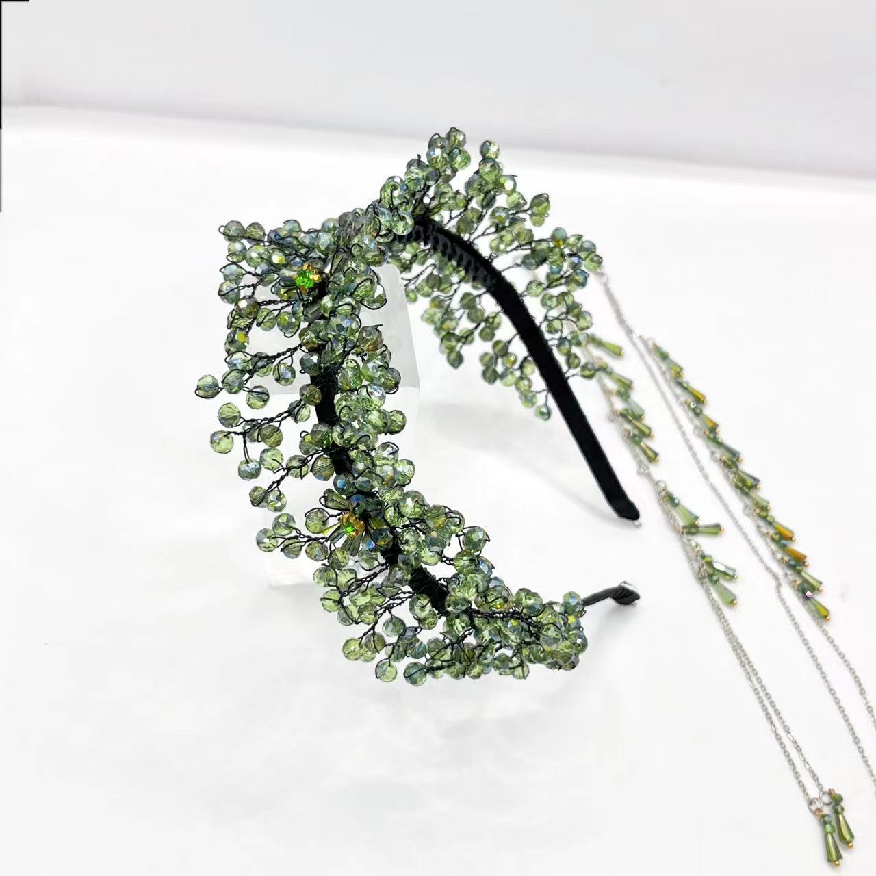 Luxurious Green Crystal Handmade Knitted Tassel Headband