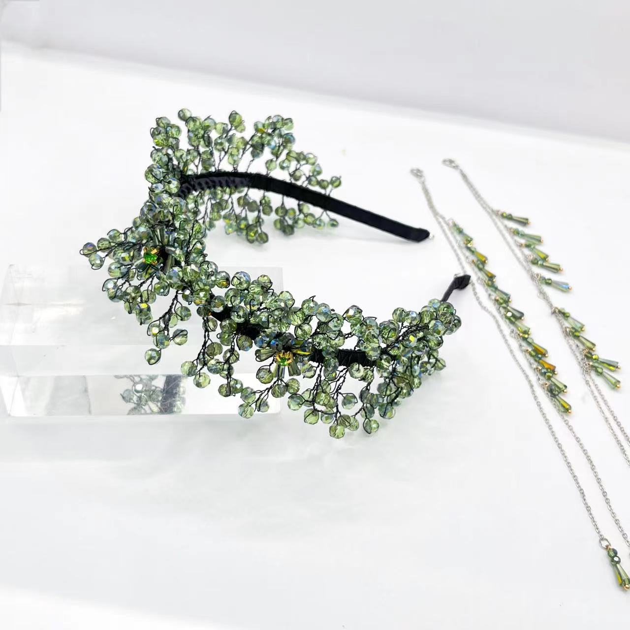 Luxurious Green Crystal Handmade Knitted Tassel Headband