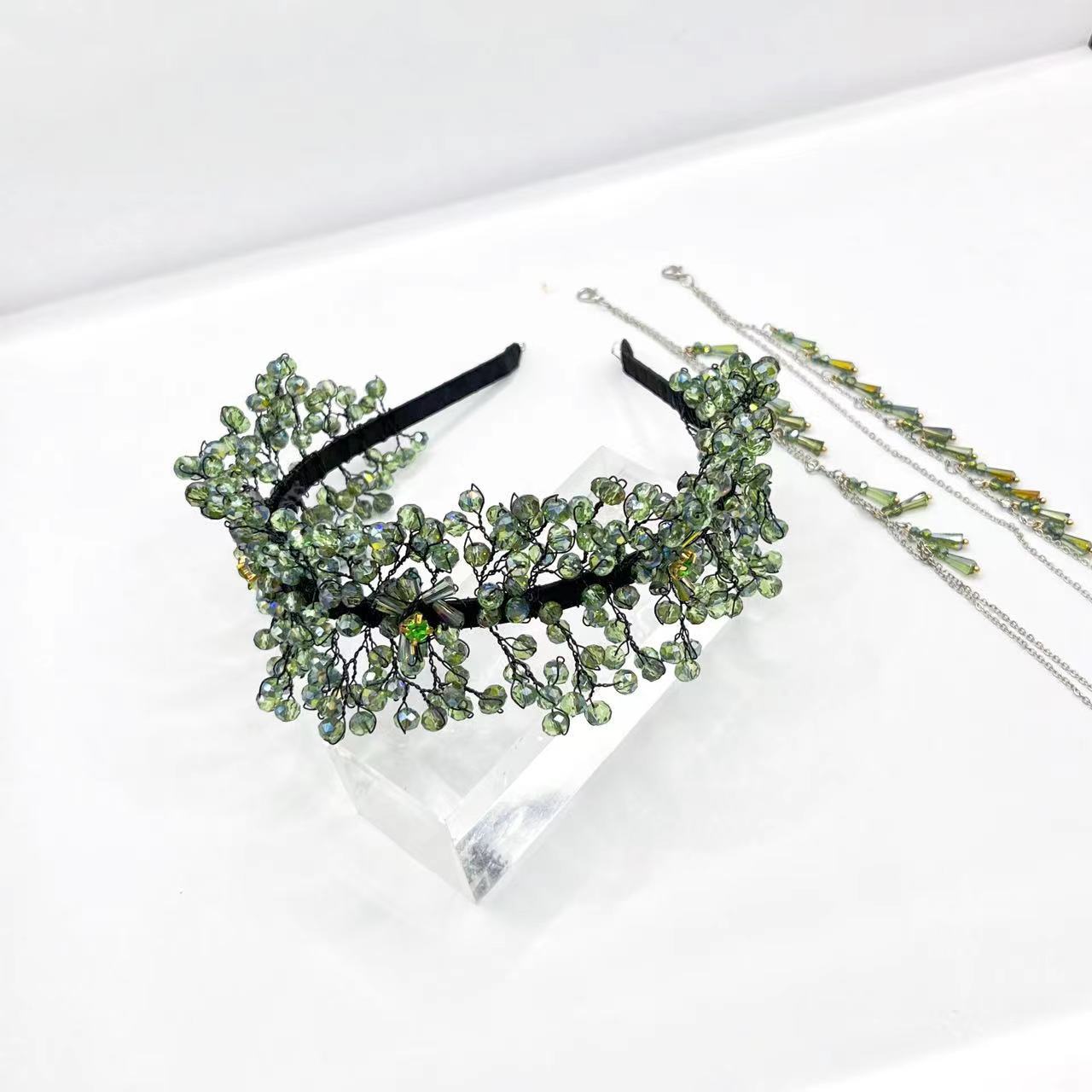 Luxurious Green Crystal Handmade Knitted Tassel Headband
