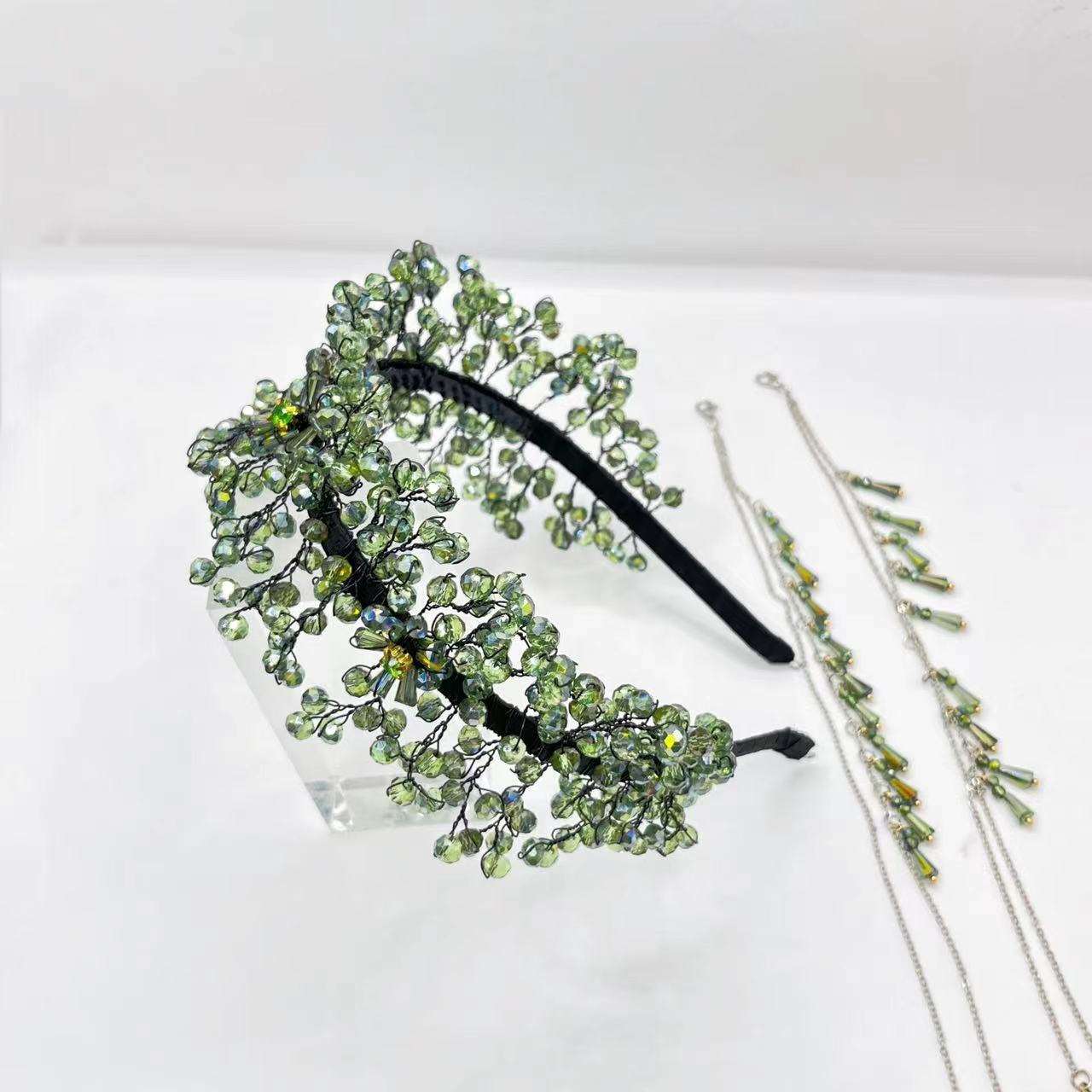 Luxurious Green Crystal Handmade Knitted Tassel Headband