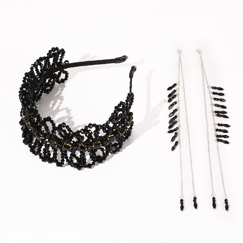 Luxurious Black Crystal Handmade Knitted Tassel Headband