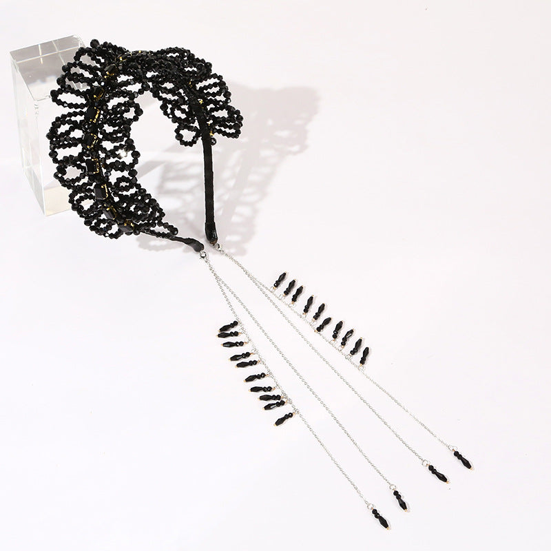 Luxurious Black Crystal Handmade Knitted Tassel Headband