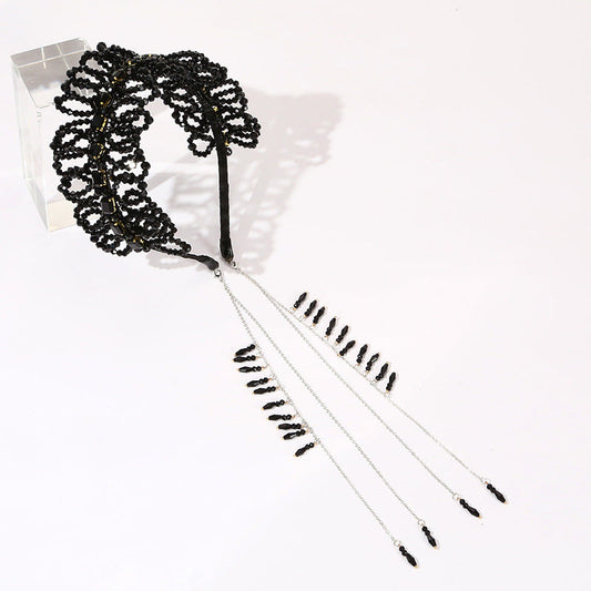 Luxurious Black Crystal Handmade Knitted Tassel Headband