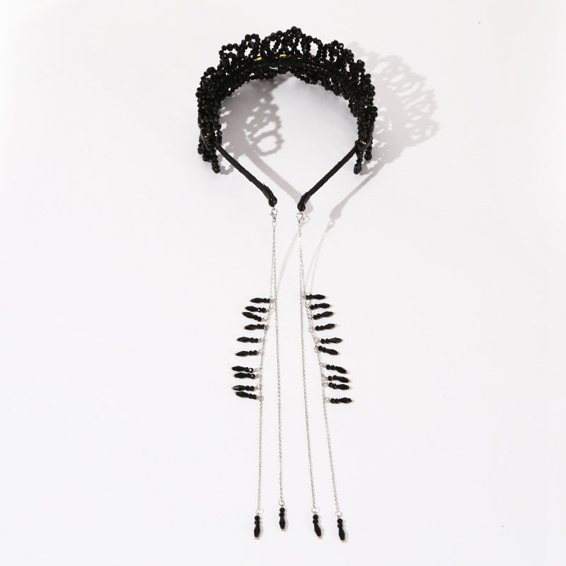 Luxurious Black Crystal Handmade Knitted Tassel Headband