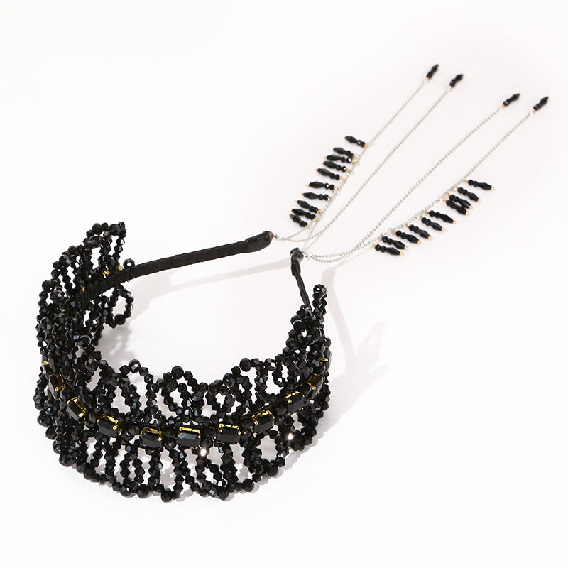 Luxurious Black Crystal Handmade Knitted Tassel Headband