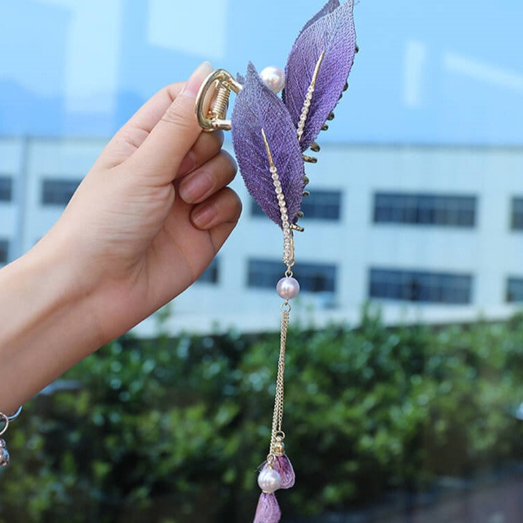 Vintage Leaves Pearl Tassel Large Hair Claw Clips