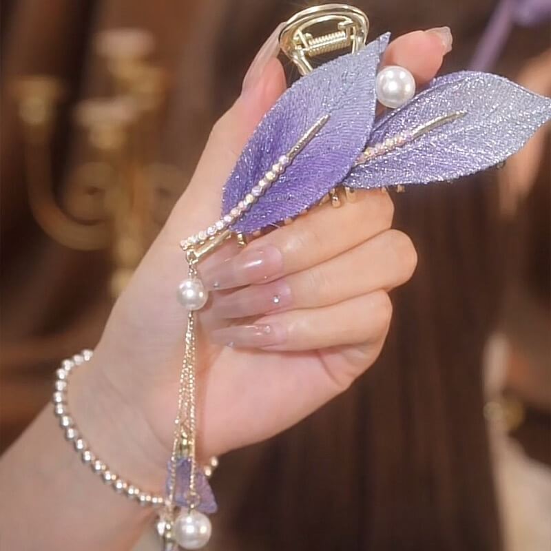 Vintage Leaves Pearl Tassel Large Hair Claw Clips