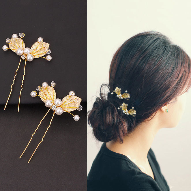 Golden Leaves Pearl U Shape Hair Pin Hair Clips