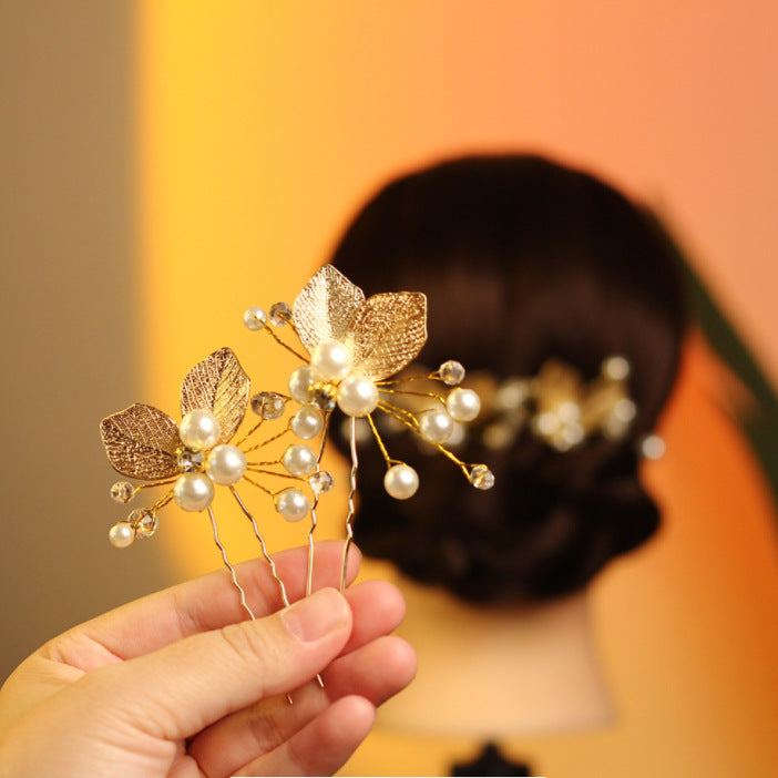 Golden Leaves Pearl U Shape Hair Pin Hair Clips