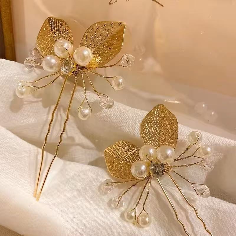 Golden Leaves Pearl U Shape Hair Pin Hair Clips