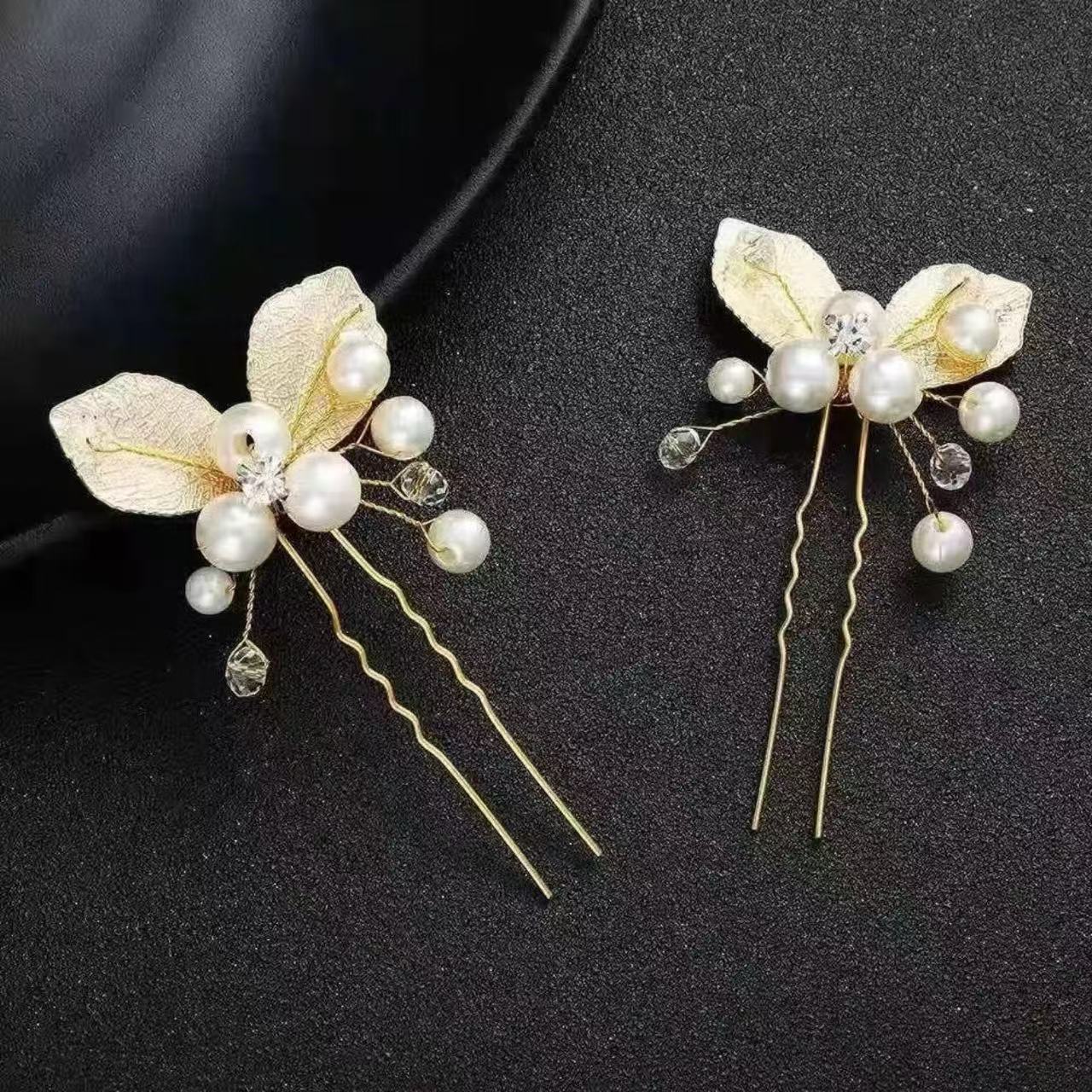 Golden Leaves Pearl U Shape Hair Pin Hair Clips