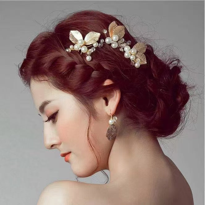 Golden Leaves Pearl U Shape Hair Pin Hair Clips