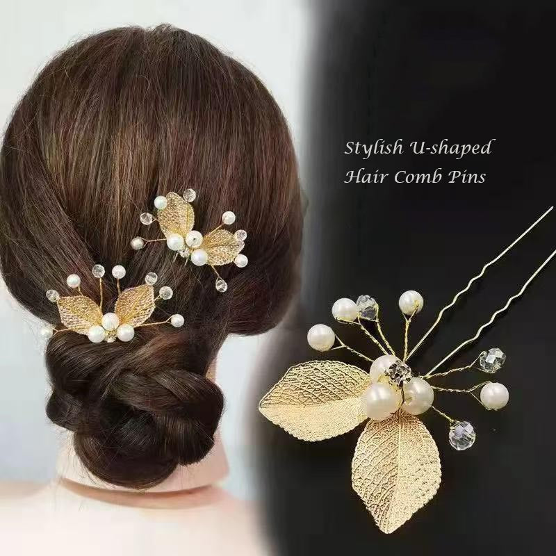 Golden Leaves Pearl U Shape Hair Pin Hair Clips