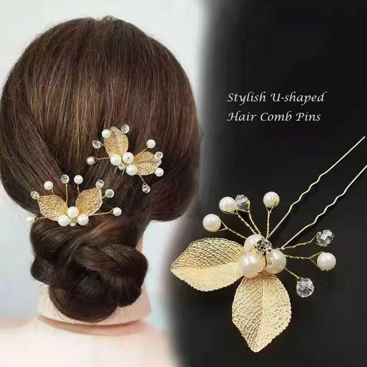 Golden Leaves Pearl U Shape Hair Pin Hair Clips
