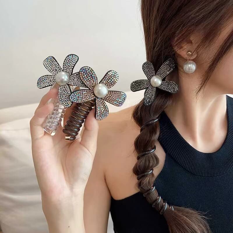 Telephone Line Hair Ties Ponytail Holder with Camellia